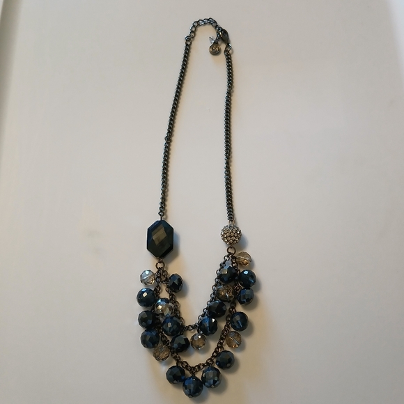 Vera Wang Dark Blue Silver Tone Multi Strand Rhinestone Beaded Ball Bib Necklace - Picture 1 of 11